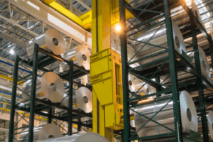 Dexco master coil storage high with sideloader crane